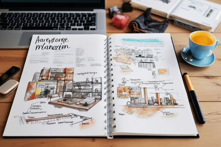 Architecture Design Drawing Sketch Planner on Wooden Table Office Conceptの素材