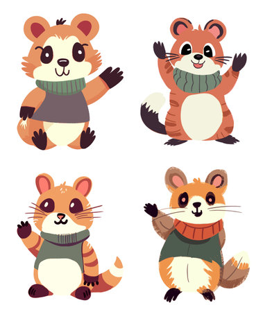 Set of cute little red panda in warm clothes. Vector illustrationのイラスト素材