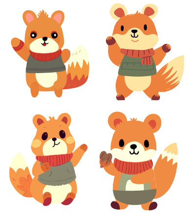 Set of cute cartoon foxes in warm clothes. Vector illustration.のイラスト素材