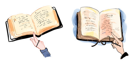 Hand drawn vector illustration of a book and two hands pointing at itのイラスト素材