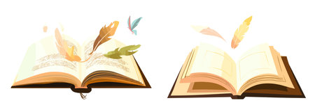 Set of two vector illustrations of open book with feathers and inkwellのイラスト素材