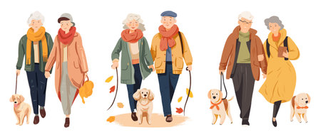 Elderly people in warm clothes walking with dog vector illustration.のイラスト素材