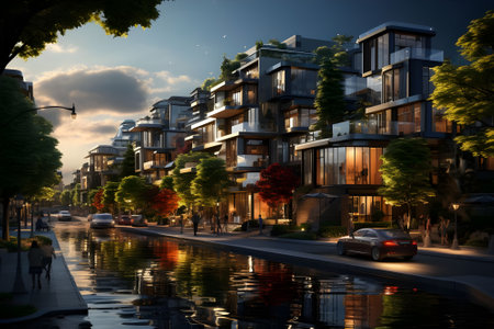 Modern european residential buildings in the evening with reflection on waterの素材
