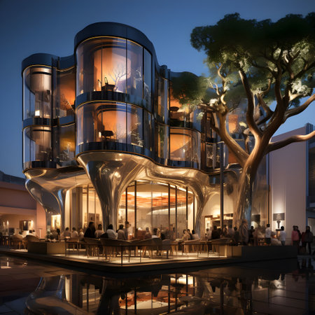 3D rendering of a modern building at night with people walking aroundの素材