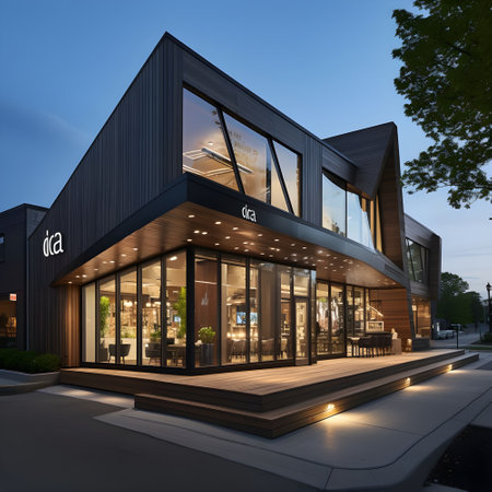 3D rendering of a modern house exterior in the city at nightの素材