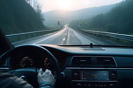 Driving a car on a highway in the mountains at sunset.の素材