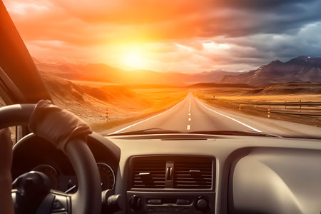 Driving on the highway at sunset. Concept of road trip.の素材