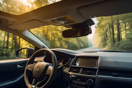 View from the inside of the car on the road in the forest.の素材