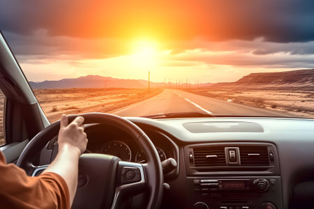Man driving a car on the road in the desert at sunset.の素材