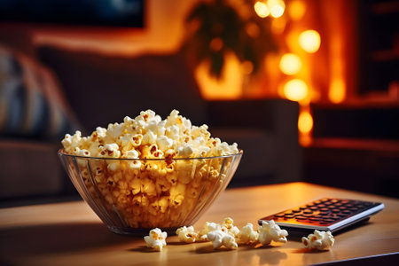 Bowl of popcorn and remote control on table in living room at nightの素材