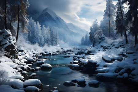Fantastic winter landscape with snow covered trees and mountain river.の素材