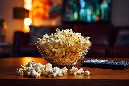 Popcorn in glass bowl and remote control on wooden table at homeの素材