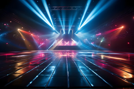 Empty stage with spotlights and rays of light. 3d renderingの素材