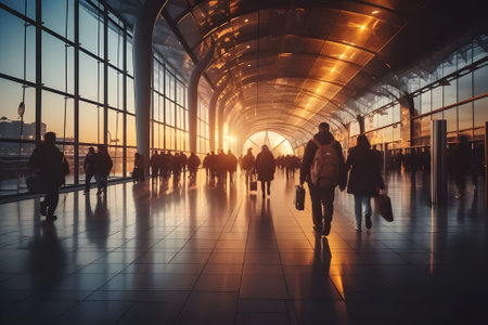 Silhouettes of people at the airport in the rays of sunsetの素材