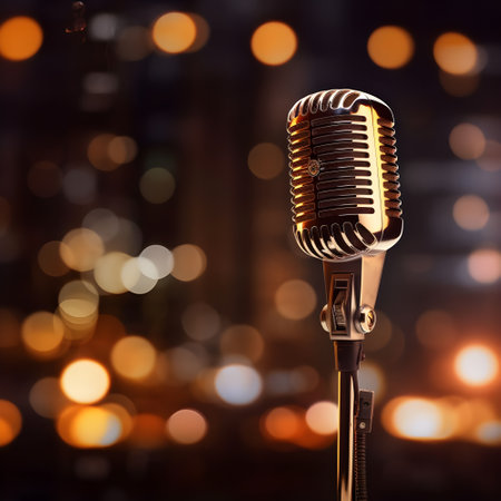 Retro microphone on a bokeh background. 3d renderingの素材