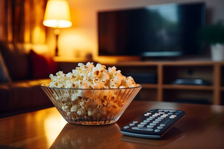 Popcorn in glass bowl and TV remote control on table in living roomの素材