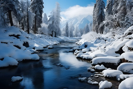 Beautiful winter landscape with snow covered trees and river in the mountainsの素材