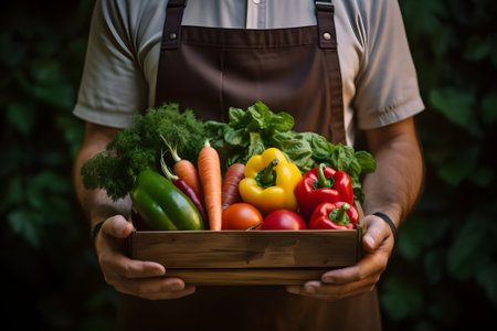 Farmer holding a wooden box with fresh vegetables. Selective focus.の素材