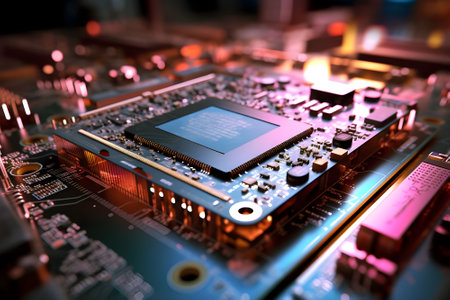 Close up of electronic circuit board. Technology background. 3D renderingの素材