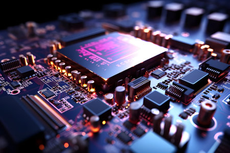 Close up of electronic circuit board with microchips, 3d renderの素材