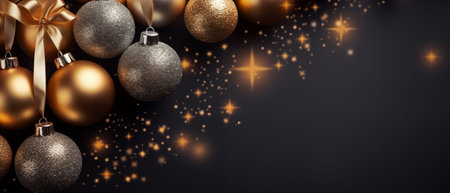 Christmas background with golden baubles and golden stars on black backgroundの素材