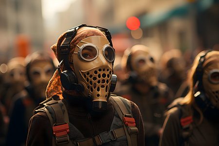 Group of people in gas mask walking on the street at night.の素材