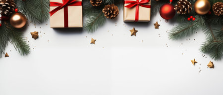 Christmas background with fir branches, gift boxes and decorations. Top view with copy spaceの素材