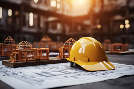 Architectural blueprint and yellow helmet on construction site. Engineering and architecture concept.の素材