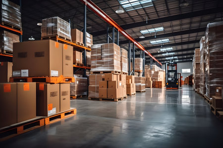 Warehouse interior with fixtures and boxes. Shallow depth of fieldの素材
