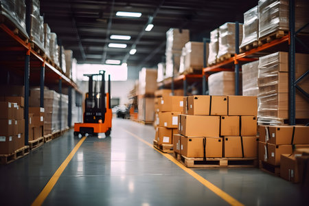 Warehouse or storehouse with rows of boxes and forklift in warehouseの素材