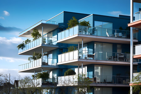 Modern apartment buildings on a sunny day with a blue sky. Facade of a modern apartment buildingの素材