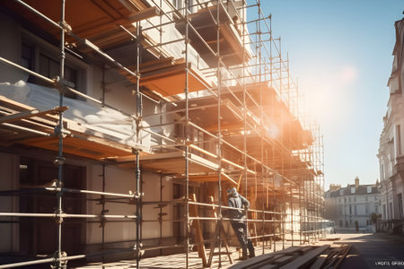 Man working on scaffolding in front of a modern building under constructionの素材