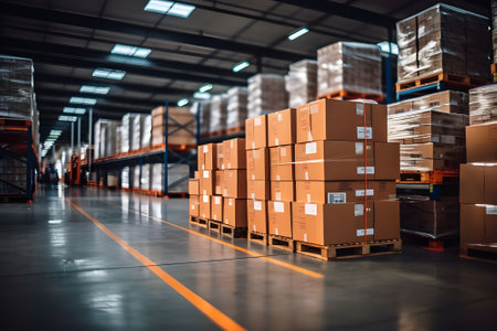High angle view of rows of boxes in warehouse. This is a freight transportation and distribution warehouse. Industrial and industrial backgroundの素材