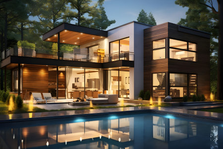 3d rendering of modern cozy house with pool and parking for sale or rent in luxurious style and beautiful landscaping on background. Clear summer night with shiny light from window.の素材