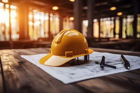 Yellow hard hat and blueprint on wooden table in construction site background.の素材