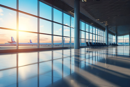 Empty airport terminal at sunset. Travel concept. 3D Renderingの素材