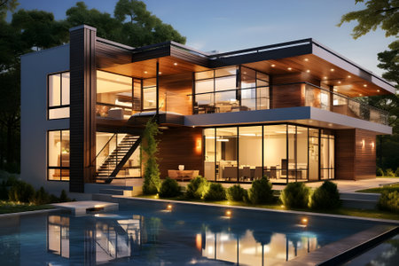 3d rendering of modern cozy house with pool and parking for sale or rent in luxurious style.の素材