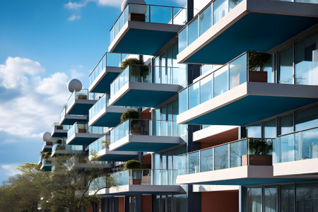 Modern apartment buildings on a sunny day with a blue sky. Facade of a modern apartment buildingの素材