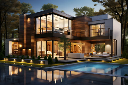 3d rendering of modern cozy house with pool and parking for sale or rent in luxurious style. Wooden plank facade and beautiful landscaping on background.の素材