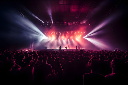 Concert crowd in front of bright stage lights with rays of lightの素材