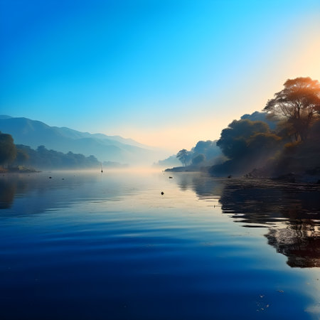 Sunrise over the lake with misty trees and blue sky.の素材