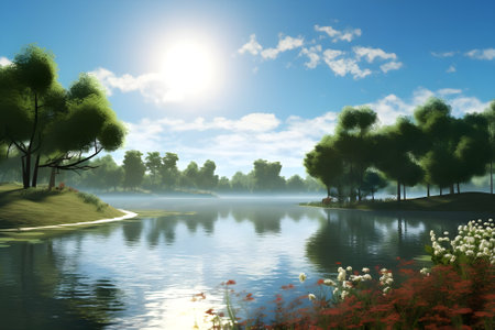 Landscape scenery view of a lake in a park,illustrationの素材