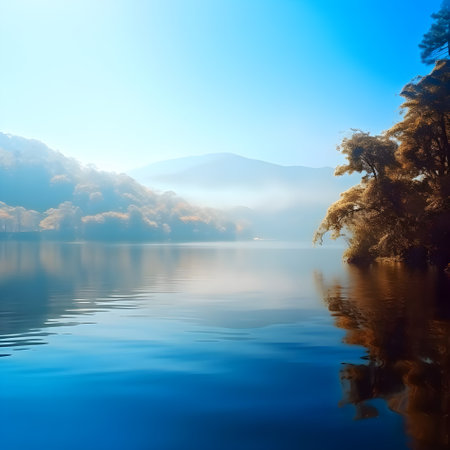 landscape with lake and forest in the morning. Nature composition.の素材