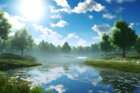 Beautiful summer landscape with a lake and trees. 3d renderの素材