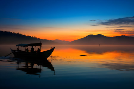 Fisherman boat on the lake at sunrise, Bali, Indonesiaの素材