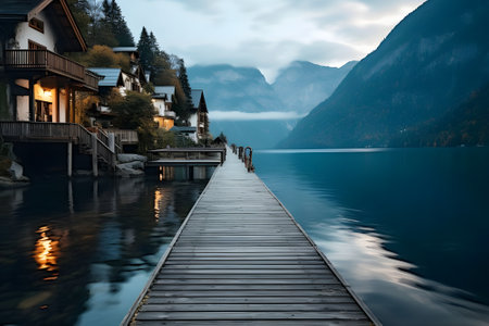 Wooden pier on Hallstattersee lake in Austrian Alps.の素材