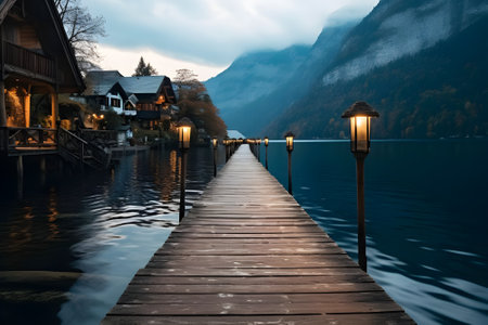 Hallstatt, Austria. Wooden pier on Hallstatter See lake.の素材