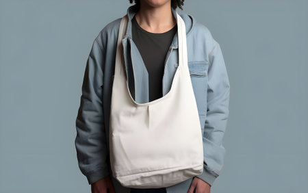 Man with white tote bag on gray background, close-upの素材