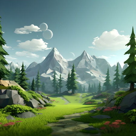 Fantasy landscape with mountain and meadow. 3D illustration.の素材