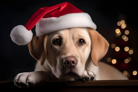 Golden labrador retriever dog with santa hat on dark backgroundの素材